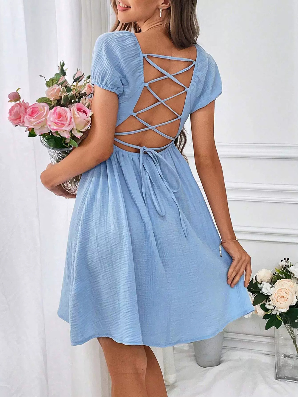 ZARA French Elegant Backless Square Neck Unique Midi Dress Womens